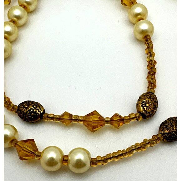 Vintage Simulated Pearl Necklace Amber Color Glass Beads Toggle Clasp - Picture 4 of 7